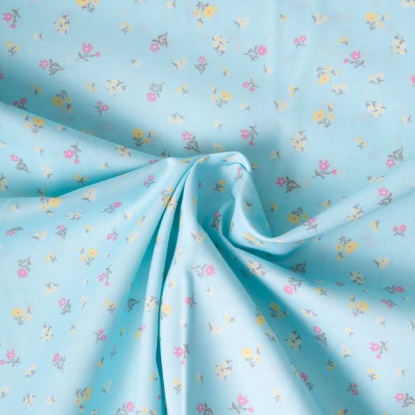 Tissu Popeline de Coton légère Petites fleurs jaune pastel et rose framboise sur fond Bleu lagon - Par 10 cm