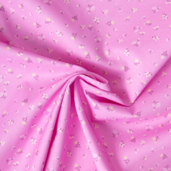 Tissu Popeline de Coton légère  Petites fleurs roses pales et jaune pastel sur fond Rose bonbon - Par 10 cm