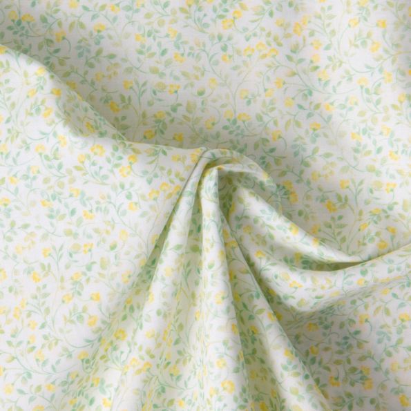 Tissu Popeline de Coton légère Fleur vert d'eau et jaune pastel sur fond Blanc cassé - Par 10 cm