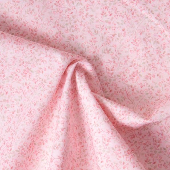 Tissu Popeline de Coton légère Fleur rose blush et vert sauge sur fond Rose pâle - Par 10 cm