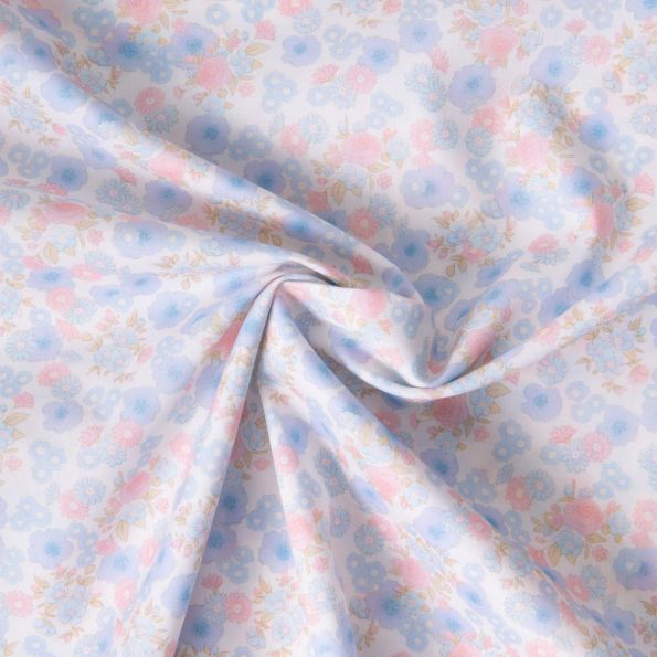 Tissu Popeline de Coton légère floral pastel bleu ciel pastel, rose et beige sur fond Blanc - Par 10 cm