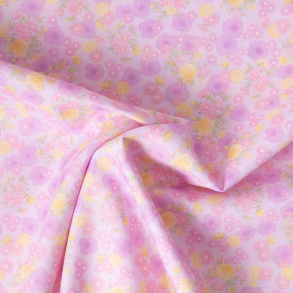 Tissu Popeline de Coton légère floral pastel rose, jaune pastel et vert clair sur fond Mauve clair - Par 10 cm