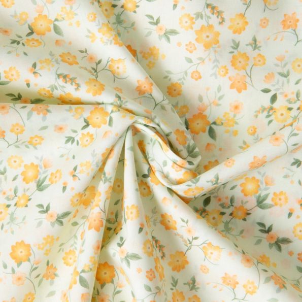 Tissu Popeline de Coton légère Petites fleurs oranges sur fond Blanc cassé - Par 10 cm
