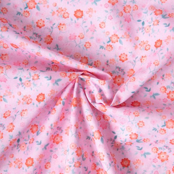 Tissu Popeline de Coton légère Petites fleurs rouges sur fond Rose clair - Par 10 cm