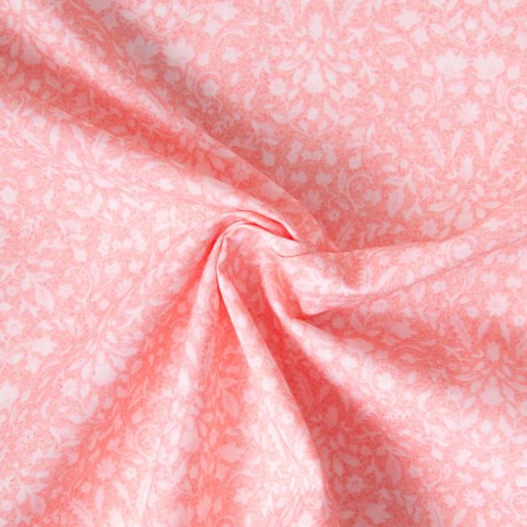 Tissu Popeline de Coton légère floral romantique blanc sur fond Rose poudré - Par 10 cm