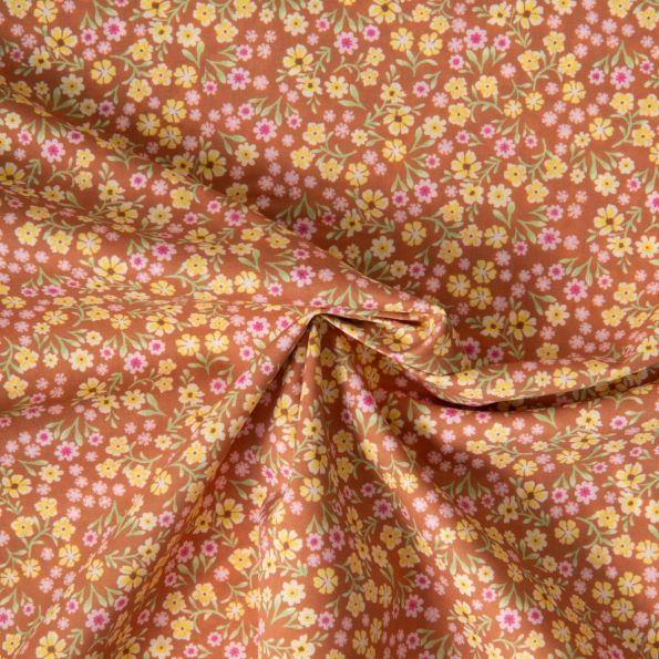 Tissu Voile de Coton digital imprimé Jardin d'argile sur fond Brun - Par 10 cm