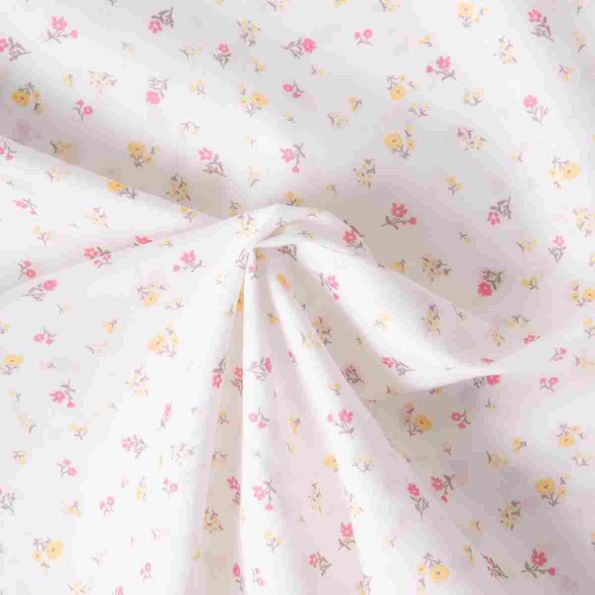 Tissu Popeline de Coton légère Petites fleurs jaunes et rose sur fond Blanc - Par 10 cm
