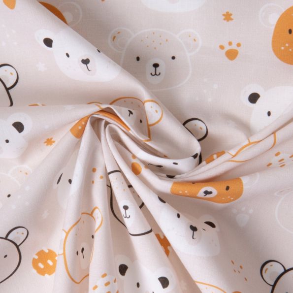 Tissu Coton imprimé Happy Teddy sur fond Beige clair - Par 10 cm