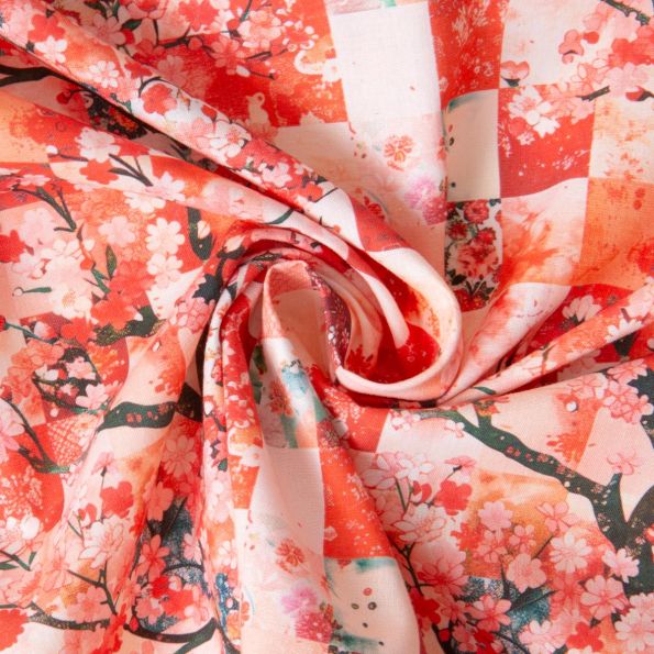 Tissu Coton imprimé Carreaux fleurs japonaise sur fond Rose saumon - Par 10 cm