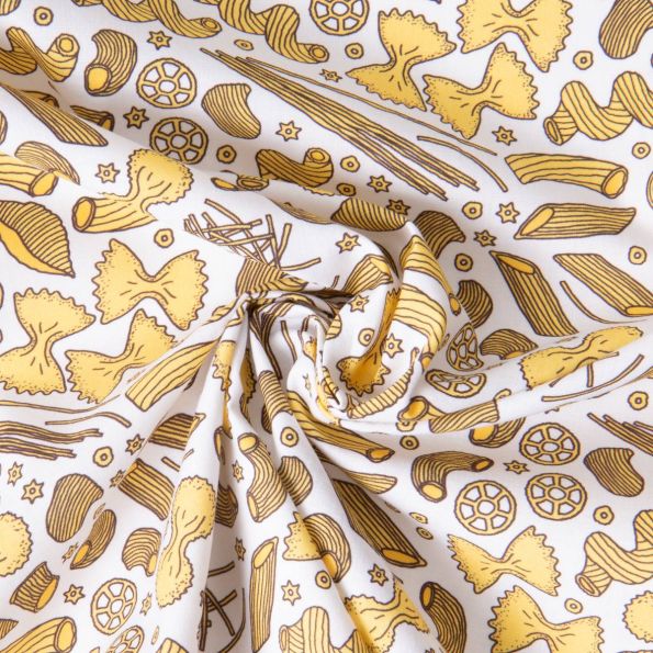 Tissu Coton imprimé Pasta fiesta sur fond Blanc - Par 10 cm