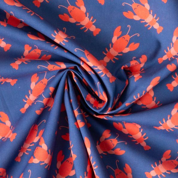 Coupon Tissu Coton imprimé Happy Homard sur fond Bleu - Coupon de 100 cm