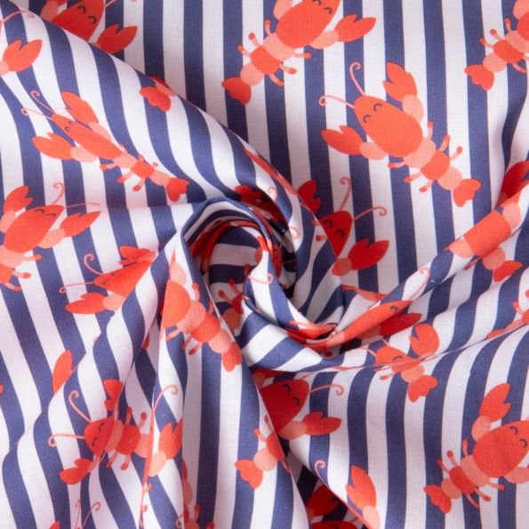 Coupon Tissu Coton imprimé rayé Bleu Happy Homard sur fond Blanc - Coupon de 100 cm