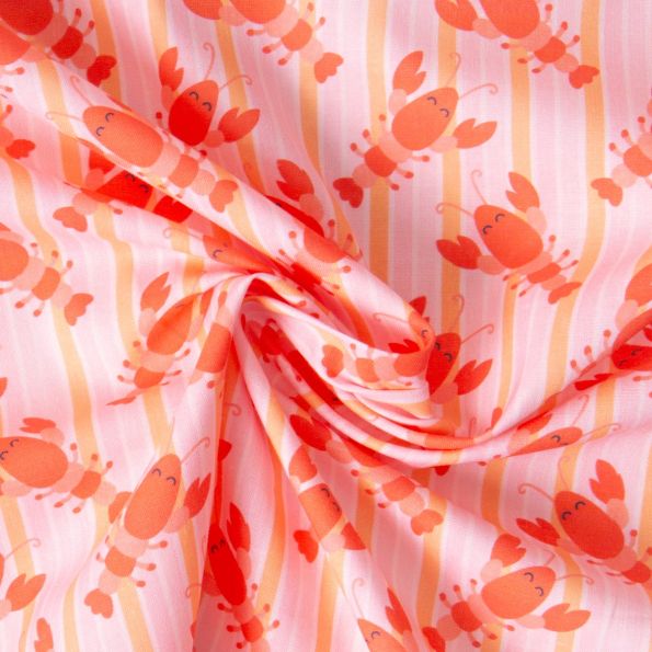 Tissu Coton imprimé Homard Funny rayé sur fond Rose pâle - Par 10 cm
