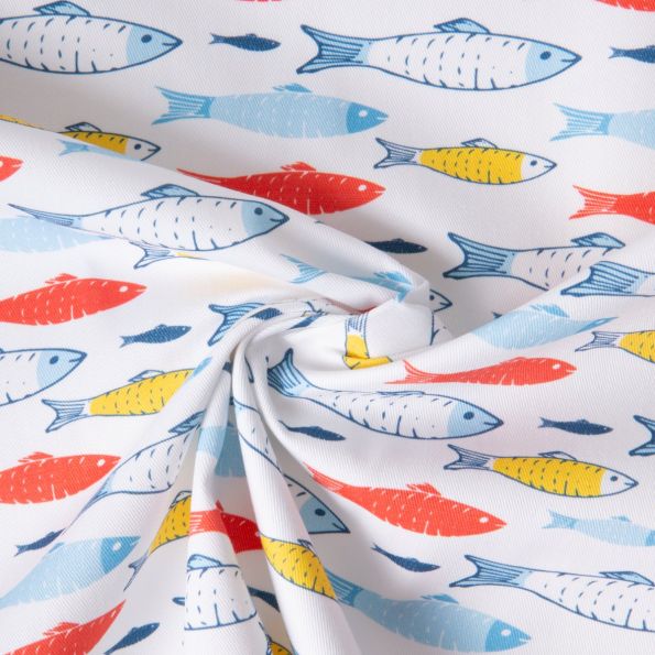 Tissu Coton Sergé d'ameublement Sardinades rouge jaune bleu sur fond Blanc - Par 10 cm