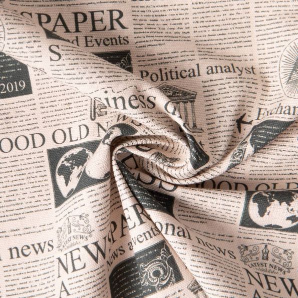 Tissu Toile de Coton Canvas Newspaper sur fond Naturel - Par 10 cm