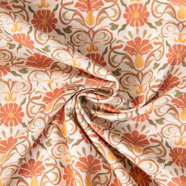 Tissu Batiste de Coton Ava fleurs rétro Terracota sur fond Beige - Par 10 cm