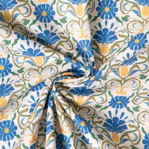 Tissu Batiste de Coton Ava fleurs rétro Bleu sur fond Blanc cassé - Par 10 cm