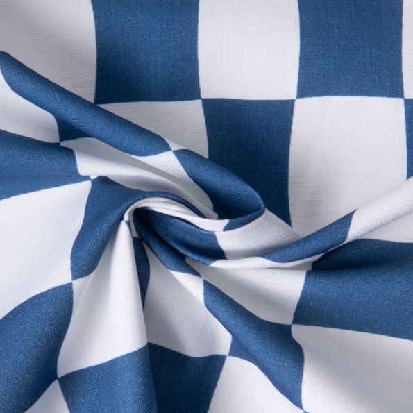 Tissu Toile de Coton d'ameublement Damier sur fond Bleu pétrole - Par 10 cm