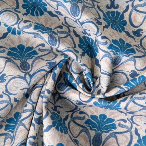 Tissu Popeline de Coton Arabesque florale bleu sur fond Ecru - Par 10 cm