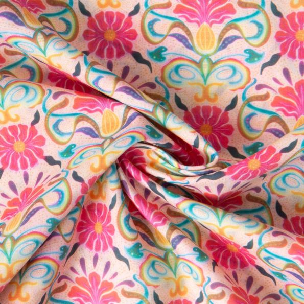 Tissu Popeline de Coton Arabesque florale rose sur fond Rose clair - Par 10 cm
