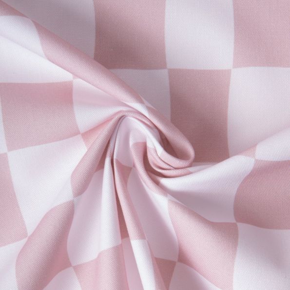 Tissu Toile de Coton d'ameublement Damier rose pastel sur fond Blanc - Par 10 cm
