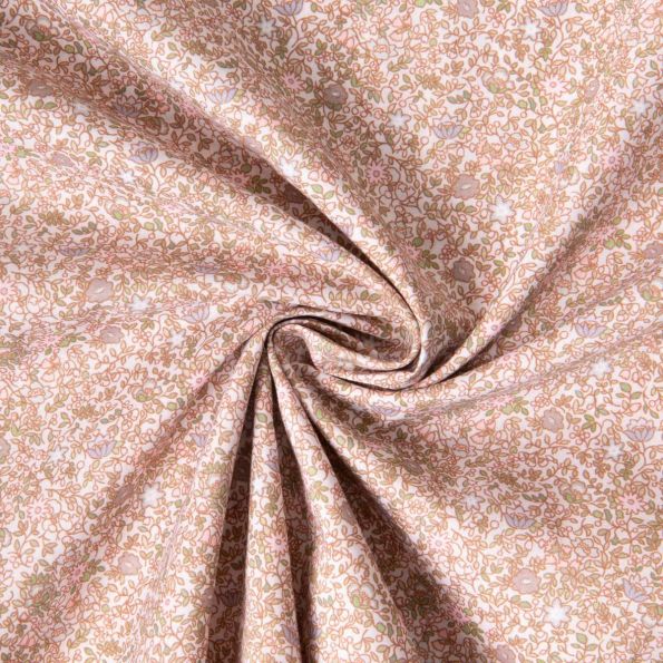 Tissu Batiste de Coton imprimé Fleuris sur fond Rose pastel - Par 10 cm