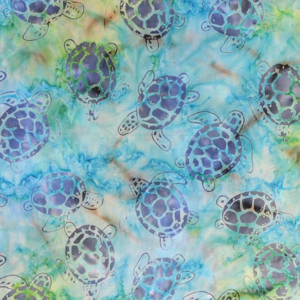 Tissu Batik Tortues bleu-gris sur fond Bleu et vert - Par 10 cm