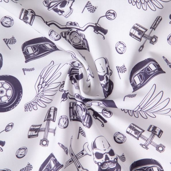 Tissu Coton imprimé Esprit Biker sur fond Blanc - Par 10 cm