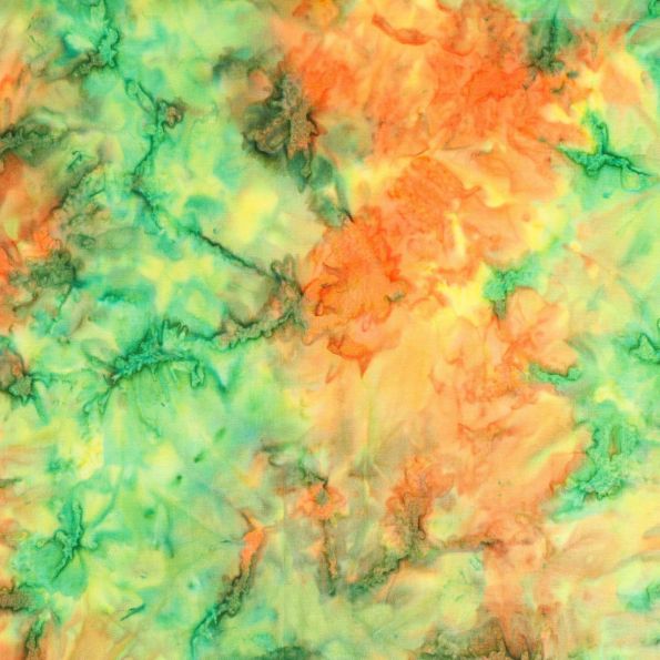 Tissu Batik Motif marbré vert et orange - Par 10 cm