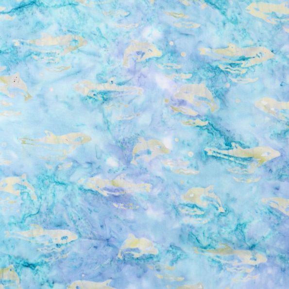 Tissu Batik Dauphins jaune clair sur fond Turquoise et parme - Par 10 cm