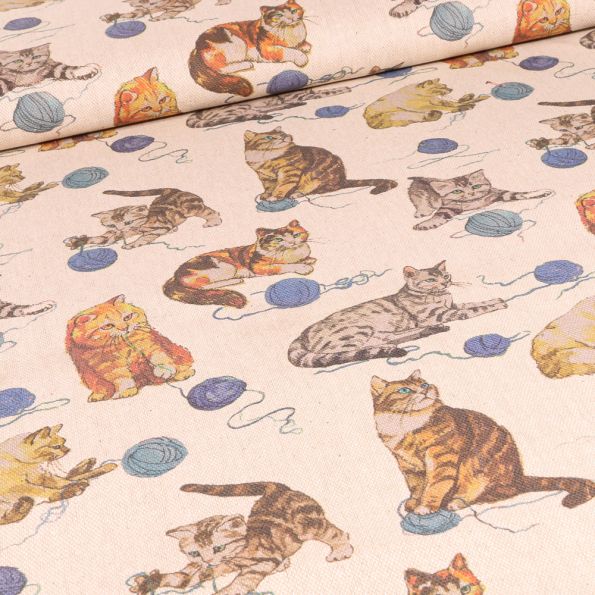 Tissu Toile de Coton Chat joueur sur fond Beige - Par 10 cm