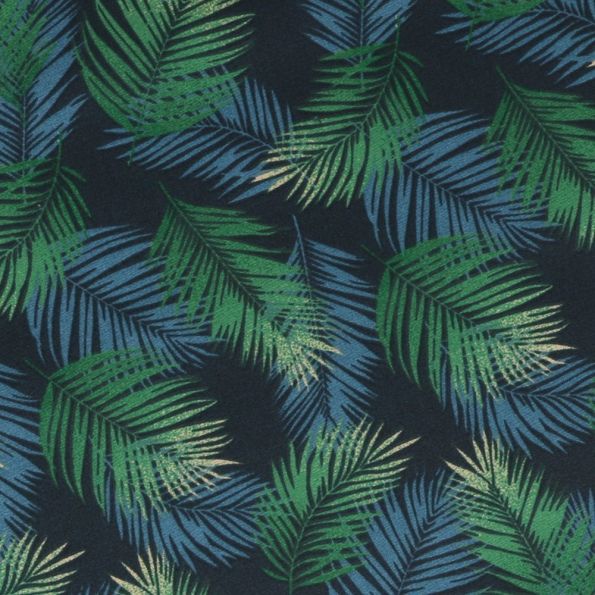 Tissu Coton Imprimé Arty Feuilles de Palmier Vert Emeraude sur fond Bleu Marine - Par 10 cm