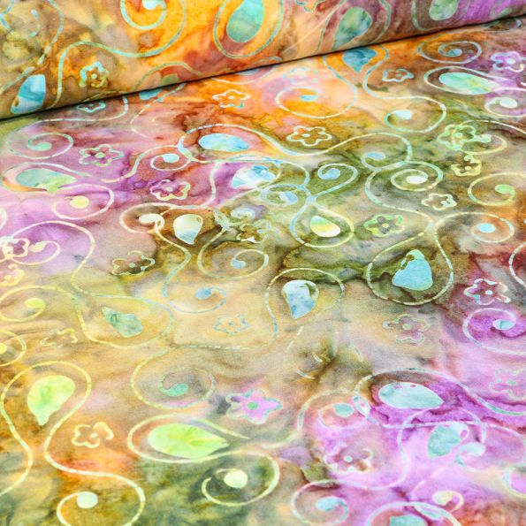 Tissu Batik Delhi sur fond Violet - Par 10 cm