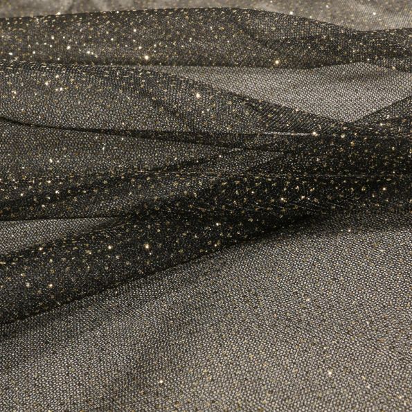 Tissu Tulle Strass Paillettes or sur fond Noir - Par 10 cm