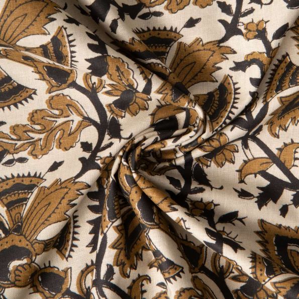 Tissu Voile de Coton indien Block print Indira floral sur fond Naturel - Par 10 cm