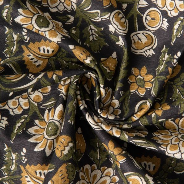 Tissu Voile de Coton indien Block print Fleuris ocre sur fond Noir - Par 10 cm