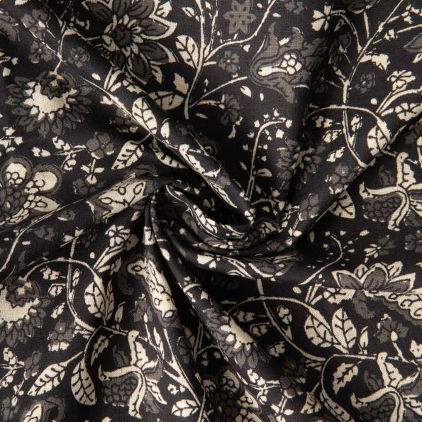 Tissu Voile de Coton indien Block print Fleuris écru sur fond Noir - Par 10 cm