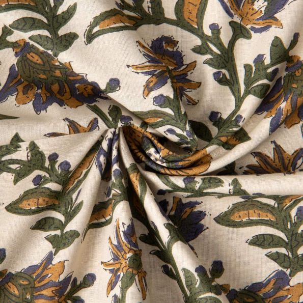Tissu Voile de Coton indien Block print Fleuris sur fond Ecru - Par 10 cm