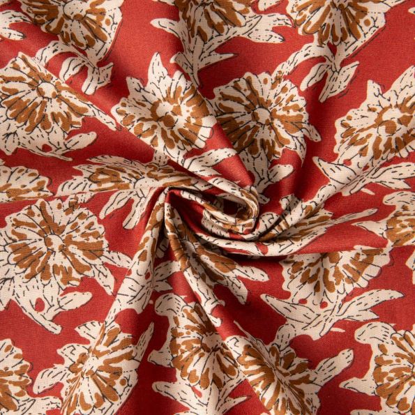 Tissu Voile de Coton indien Block print Fleuris sur fond Rouge - Par 10 cm