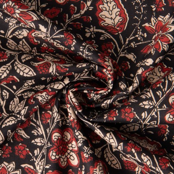 Tissu Voile de Coton indien Block print Tara floral sur fond Noir - Par 10 cm