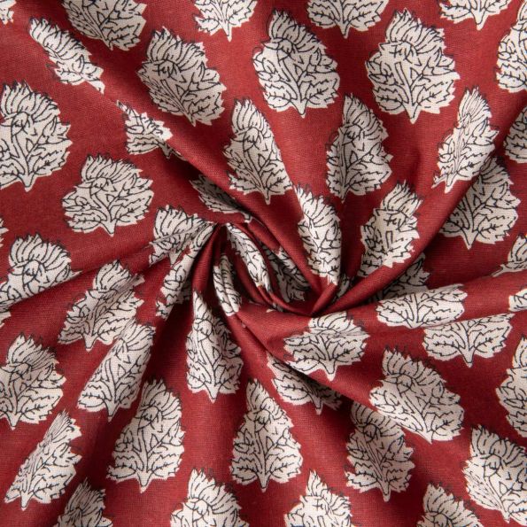 Tissu Voile de Coton indien Block print Fleuris écru sur fond Terracotta - Par 10 cm