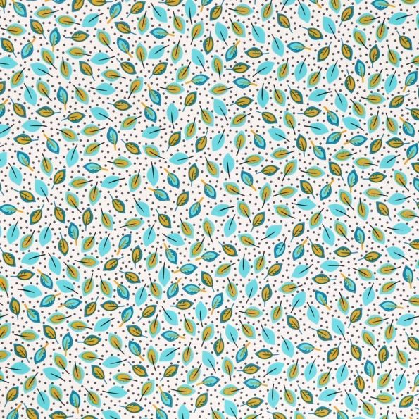 Toile Cirée Alizé Feuilles bleu, moutarde et bleu canard sur fond Blanc - Par 10 cm