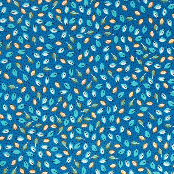 Toile Cirée Alizé Feuilles oranges, bleu ciel et blanches sur fond Bleu - Par 10 cm