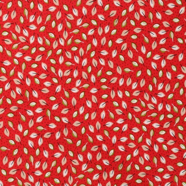 Toile Cirée Alizé Feuilles beige, vertes et blanches sur fond Rouge - Par 10 cm