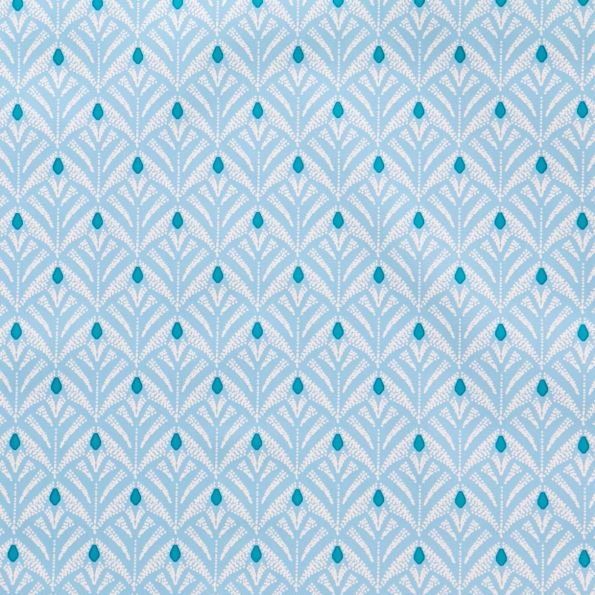 Toile Cirée Baker Motifs blancs et turquoise sur fond Bleu gris - Par 10 cm