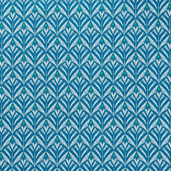 Toile Cirée Baker Motifs blancs et turquoise sur fond Bleu canard - Par 10 cm