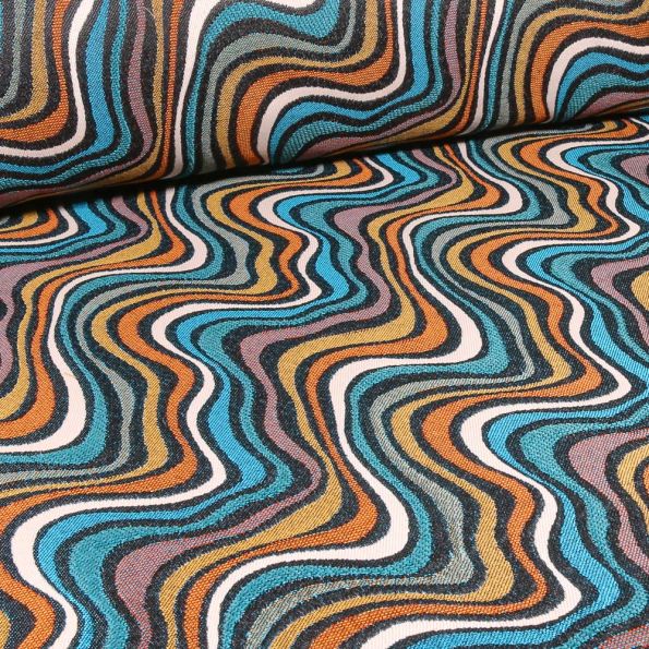 Tissu Jacquard Beatles sur fond Bleu turquoise - Par 10 cm