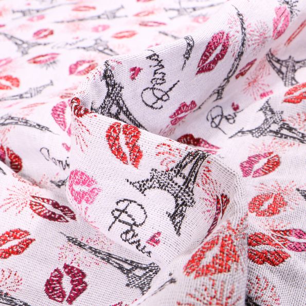 Tissu Jacquard Bisous de Paris sur fond Blanc - Par 10 cm