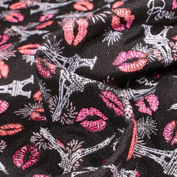 Tissu Jacquard Bisous de Paris sur fond Noir - Par 10 cm