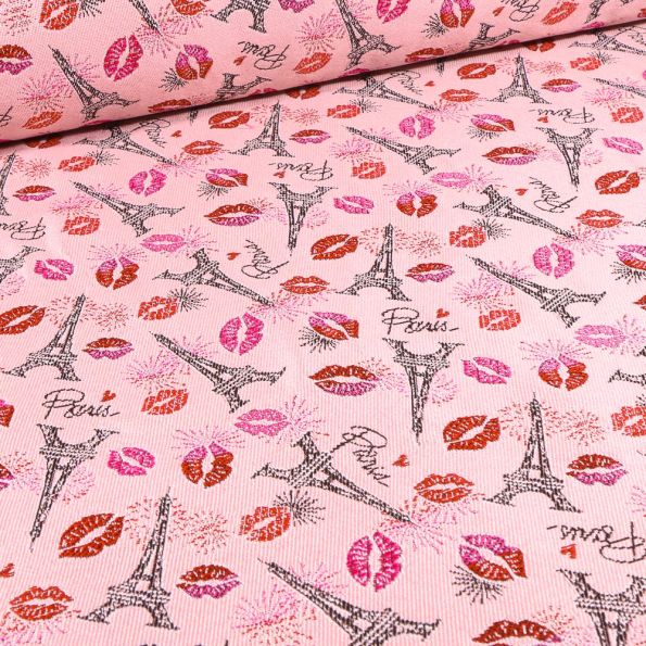 Tissu Jacquard Bisous de Paris sur fond Rose - Par 10 cm